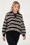 Çizgili Oversize Fit Düğmeli Kadın Polo Yaka Kazak 4615259 SİYAH