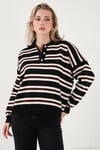 Çizgili Oversize Fit Düğmeli Kadın Polo Yaka Kazak 4615259 SİYAH