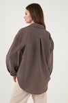 Çizgili Oversize Fit Klasik Yaka Uzun Kollu Kadın Gömlek 6925437 KAHVE