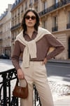 Çizgili Oversize Fit Klasik Yaka Uzun Kollu Kadın Gömlek 6925437 KAHVE