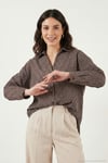 Çizgili Oversize Fit Klasik Yaka Uzun Kollu Kadın Gömlek 6925437 KAHVE