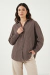 Çizgili Oversize Fit Klasik Yaka Uzun Kollu Kadın Gömlek 6925437 KAHVE