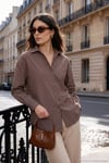 Çizgili Oversize Fit Klasik Yaka Uzun Kollu Kadın Gömlek 6925437 KAHVE