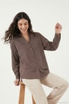 Çizgili Oversize Fit Klasik Yaka Uzun Kollu Kadın Gömlek 6925437 KAHVE
