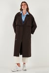 Çizgili Oversize Kruvaze Yaka Kuşaklı Uzun Kadın Trençkot 6839583 KAHVE