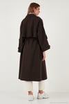 Çizgili Oversize Kruvaze Yaka Kuşaklı Uzun Kadın Trençkot 6839583 KAHVE