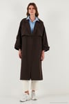 Çizgili Oversize Kruvaze Yaka Kuşaklı Uzun Kadın Trençkot 6839583 KAHVE