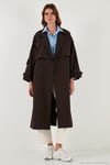 Çizgili Oversize Kruvaze Yaka Kuşaklı Uzun Kadın Trençkot 6839583 KAHVE