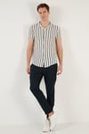 Çizgili Pamuk Karışımlı Kısa Kollu Apaş Yaka Regular Fit Erkek Gömlek CF24S117664 BEYAZ