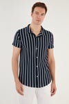 Çizgili Pamuk Karışımlı Kısa Kollu Apaş Yaka Regular Fit Erkek Gömlek CF24S117664 LACİVERT