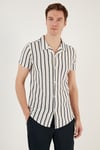 Çizgili Pamuk Karışımlı Kısa Kollu Apaş Yaka Regular Fit Erkek Gömlek CF24S117664 BEYAZ