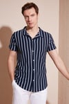 Çizgili Pamuk Karışımlı Kısa Kollu Apaş Yaka Regular Fit Erkek Gömlek CF24S117664 LACİVERT