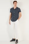 Çizgili Pamuk Karışımlı Kısa Kollu Apaş Yaka Regular Fit Erkek Gömlek CF24S117664 LACİVERT