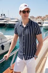 Çizgili Pamuk Karışımlı Kısa Kollu Apaş Yaka Regular Fit Erkek Gömlek CF24S117664 LACİVERT
