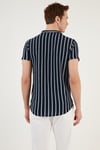 Çizgili Pamuk Karışımlı Kısa Kollu Apaş Yaka Regular Fit Erkek Gömlek CF24S117664 LACİVERT
