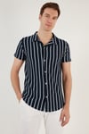 Çizgili Pamuk Karışımlı Kısa Kollu Apaş Yaka Regular Fit Erkek Gömlek CF24S117664 LACİVERT