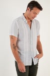 Çizgili Pamuklu Slim Fit Kısa Kollu Erkek Gömlek CF23S116097 BEYAZ-YEŞİL