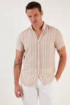 Çizgili Pamuklu Slim Fit Kısa Kollu Erkek Gömlek CF23S116097 TAŞ