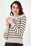 Çizgili Regular Fit Balıkçı Yaka Kadın Kazak 4615565 EKRU