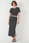 Çizgili Slim Fit Bisiklet Yaka Yırtmaçlı Midi Boy Etekli Crop Kadın Takım 5866132 SİYAH-BEYAZ