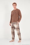 Çizgili Yumuşak Dokulu Bisiklet Yaka Polar Erkek Pijama Takımı 6097066 CAMEL