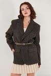 Çizgili Yün Karışımlı Oversize Fit Kruvaze Yaka Kemerli Kadın Ceket 6839634 VİZON