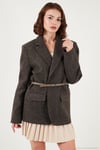 Çizgili Yün Karışımlı Oversize Fit Kruvaze Yaka Kemerli Kadın Ceket 6839634 VİZON
