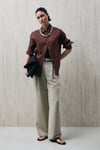 Comfort Fit Klasik Yaka Uzun Kollu Keten Kadın Gömlek 121010016 AÇIK KAHVE
