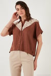 Dantelli Relaxed Fit Kısa Kollu Kadın Gömlek 5865764 KAHVE