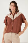 Dantelli Relaxed Fit Kısa Kollu Kadın Gömlek 5865764 KAHVE