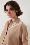 Dantelli Relaxed Fit Kısa Kollu Kadın Gömlek 5865764 TAŞ