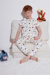 Desenli % 100 Pamuk Bisiklet Yaka Erkek Çocuk Pijama Takımı 6651001 EKRU-KIRMIZI