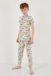 Desenli % 100 Pamuk Bisiklet Yaka Erkek Çocuk Pijama Takımı 6651003 EKRU-SARI