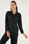 Desenli Beli Lastikli Gömlek Yaka Dokuma Kadın Pijama Takımı 6095660W4 YEŞİL