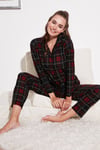 Desenli Beli Lastikli Gömlek Yaka Dokuma Kadın Pijama Takımı 6095660W4 ANTRASİT-KIRMIZI