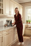 Desenli Beli Lastikli Gömlek Yaka Dokuma Kadın Pijama Takımı 6095660W4 SİYAH