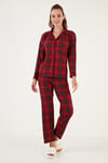 Desenli Beli Lastikli Gömlek Yaka Dokuma Kadın Pijama Takımı 6095660W4 KIRMIZI-LACİVERT