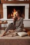 Desenli Beli Lastikli Gömlek Yaka Dokuma Kadın Pijama Takımı 6095660W4 LEOPAR