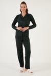 Desenli Beli Lastikli Gömlek Yaka Dokuma Kadın Pijama Takımı 6095660W4 YEŞİL
