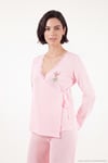 Desenli Dantel Detaylı Bağlamalı Uzun Kollu Kadın Pijama Takımı 6575024 PEMBE