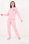 Desenli Düğmeli Bisiklet Yaka Uzun Kollu Kadın Pijama Takımı 6575021 PEMBE