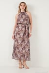 Desenli Halter Yaka Kolsuz Kemerli Maxi Şifon Kadın Elbise 6525724 LİLA