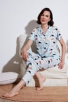 Desenli Kısa Kollu Beli Lastikli Gömlek Yaka Dokuma Regular Fit Kadın Pijama Takımı 6571010 MİNT
