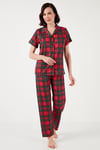 Desenli Kısa Kollu Beli Lastikli Gömlek Yaka Dokuma Regular Fit Kadın Pijama Takımı 6571010 KIRMIZI-SİYAH
