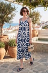 Desenli Midi Boy Oversize Fit Bağlamalı İp Askılı Bisiklet Yaka Kadın Elbise 5869009 İNDİGO