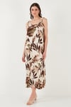 Desenli Oversize Fit Bağlamalı İp Askılı Yuvarlak Yaka Midi Boy Kadın Elbise 5869022 CAMEL