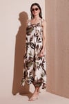 Desenli Oversize Fit Bağlamalı İp Askılı Yuvarlak Yaka Midi Boy Kadın Elbise 5869022 CAMEL