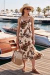 Desenli Oversize Fit Bağlamalı İp Askılı Yuvarlak Yaka Midi Boy Kadın Elbise 5869022 CAMEL