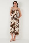 Desenli Oversize Fit Bağlamalı İp Askılı Yuvarlak Yaka Midi Boy Kadın Elbise 5869022 CAMEL