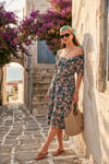 Desenli Oversize Fit Carmen Yaka Büzgü Detaylı Midi Boy Kadın Elbise 6782169 LACİVERT